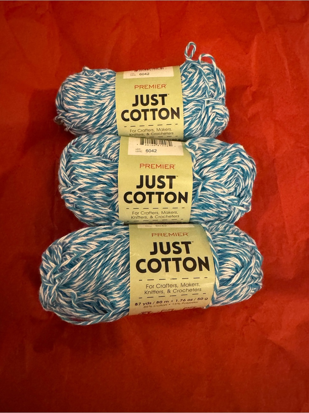 New lot 3 Premier Yarns Just Cotton Yarn - 1.760z.
87 Yds - Aqua blue/white